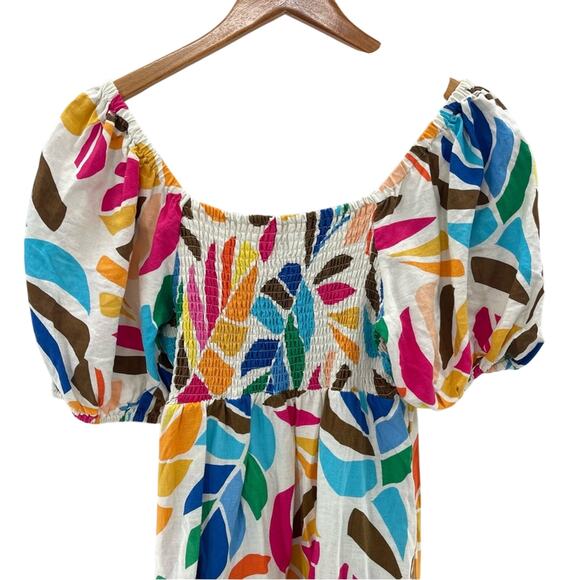 Tabitha Brown Linen Blend Botanical Smocked Puff Sleeve Tiered Dress Size Medium - Picture 11 of 14